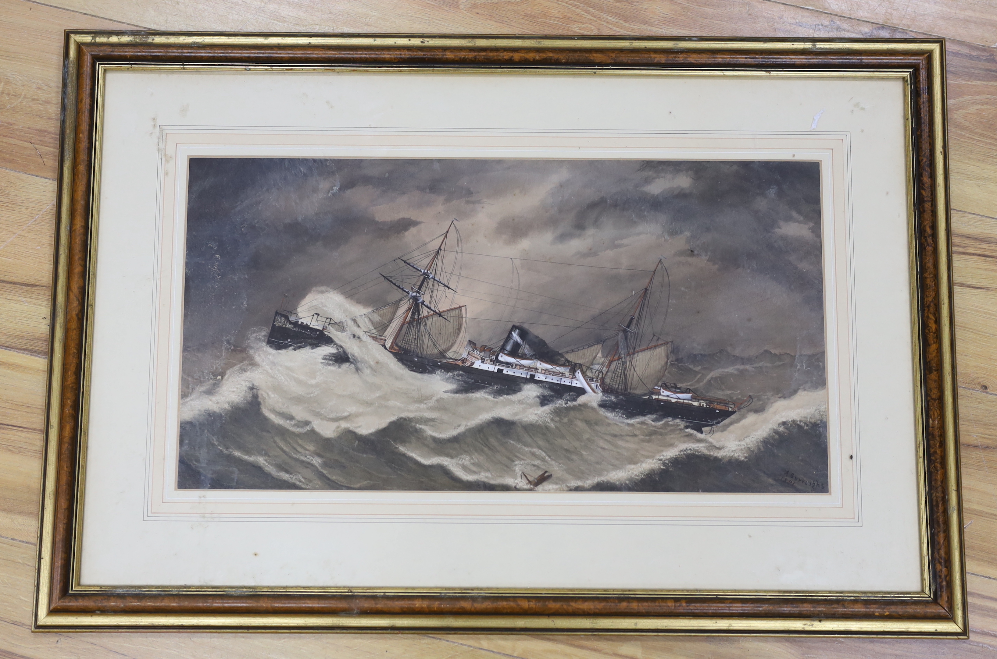 A. Burroughs (19th.C), heightened watercolour, Steamship at sea, signed and dated 1881, 29 x 56cm